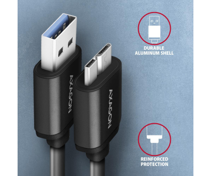 Kabel AXAGON BUMM3-AM10AB Kabel Micro-B USB USB-A 3.2 Gen 1, 1m, 3A, ALU, PVC Czarny